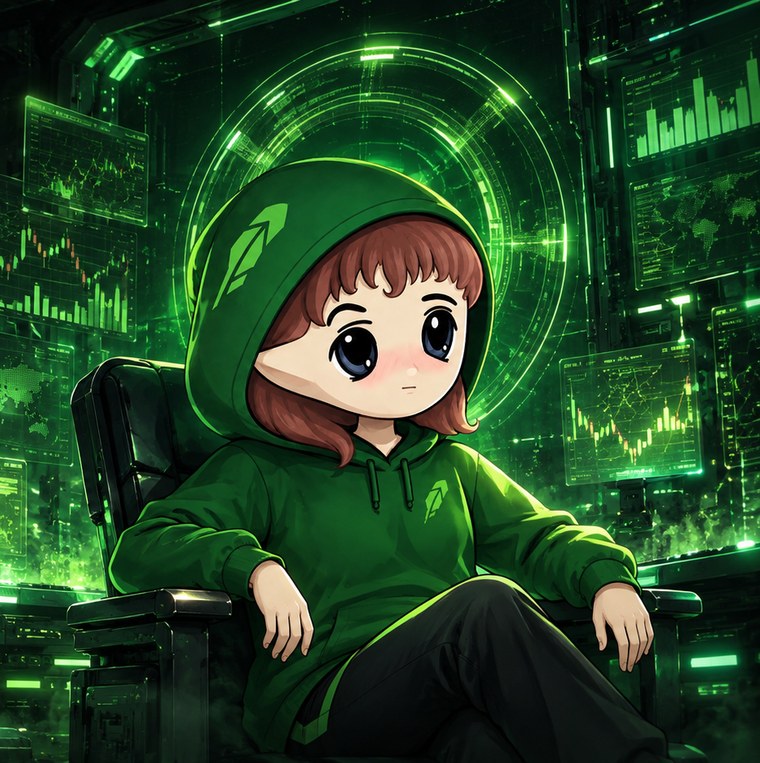 MILADY at her terminal, surrounded by green charts